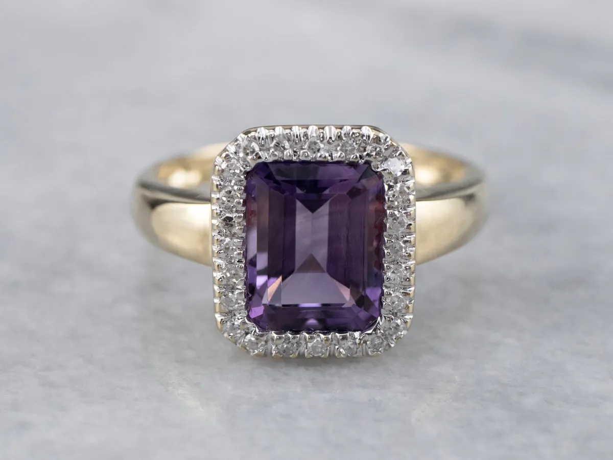 Amethyst and Diamond Halo Ring