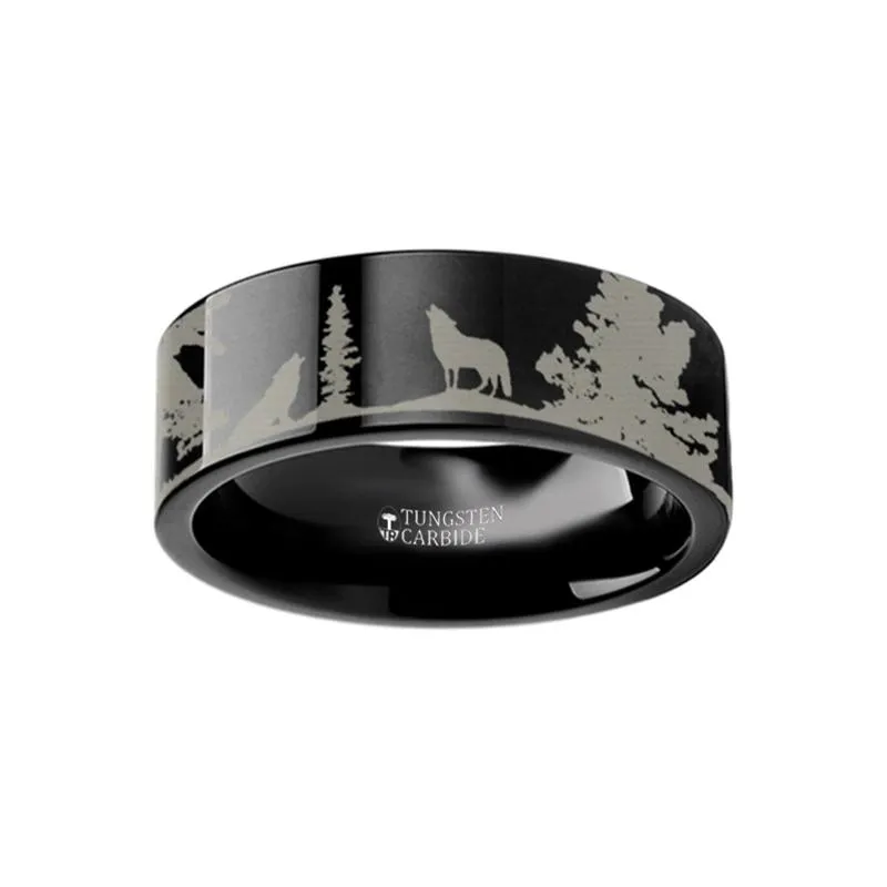 Animal Landscape Scene Wolf Engraved Flat Tungsten Ring