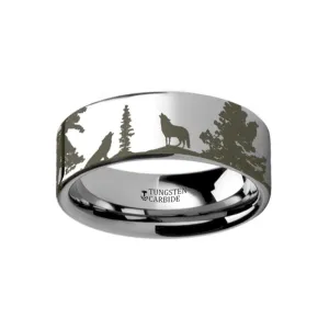 Animal Landscape Scene Wolf Engraved Flat Tungsten Ring