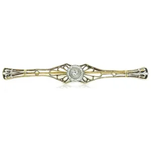 Antique Art Deco Diamond 14ct Gold Bar Filigree Brooch