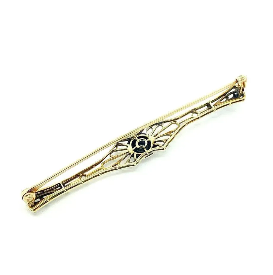 Antique Art Deco Diamond 14ct Gold Bar Filigree Brooch