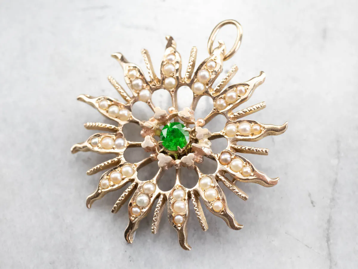 Antique Demantoid Garnet and Seed Pearl Brooch