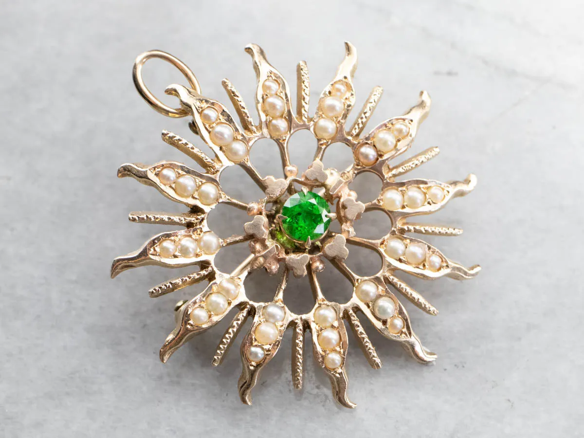 Antique Demantoid Garnet and Seed Pearl Brooch