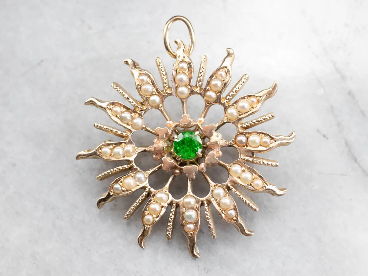 Antique Demantoid Garnet and Seed Pearl Brooch