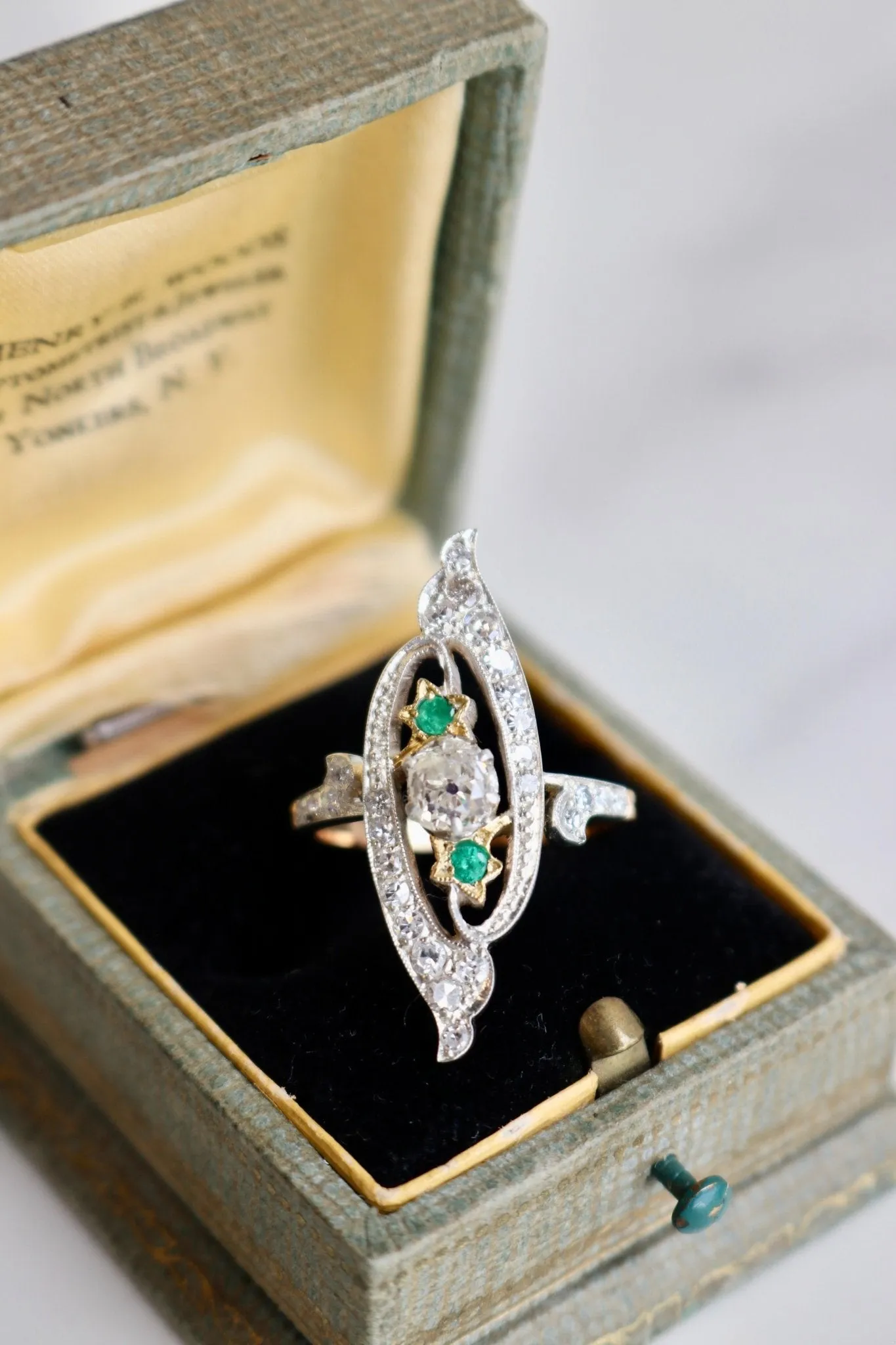 Antique Diamond and Emerald 18k Rose Gold Silver Navette Ring