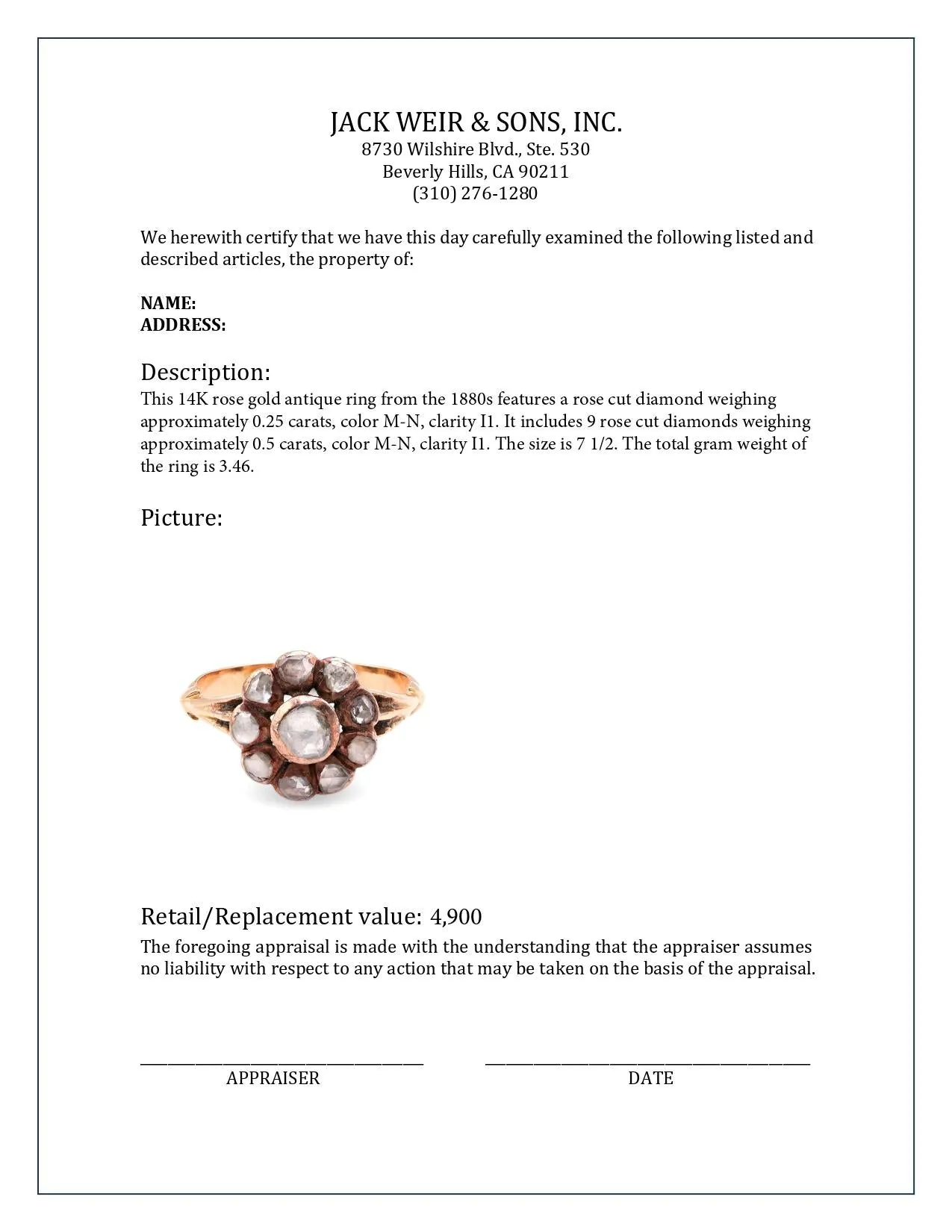 Antique Rose Cut Diamond 14K Rose Gold Cluster Ring