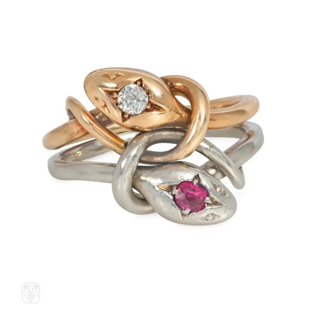 Antique two-color, ruby and diamond double snake ring