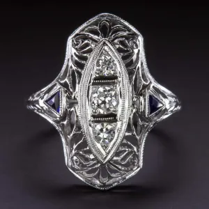 ART DECO DIAMOND SAPPHIRE COCKTAIL RING 18K FILIGREE VINTAGE 1920s NAVETTE