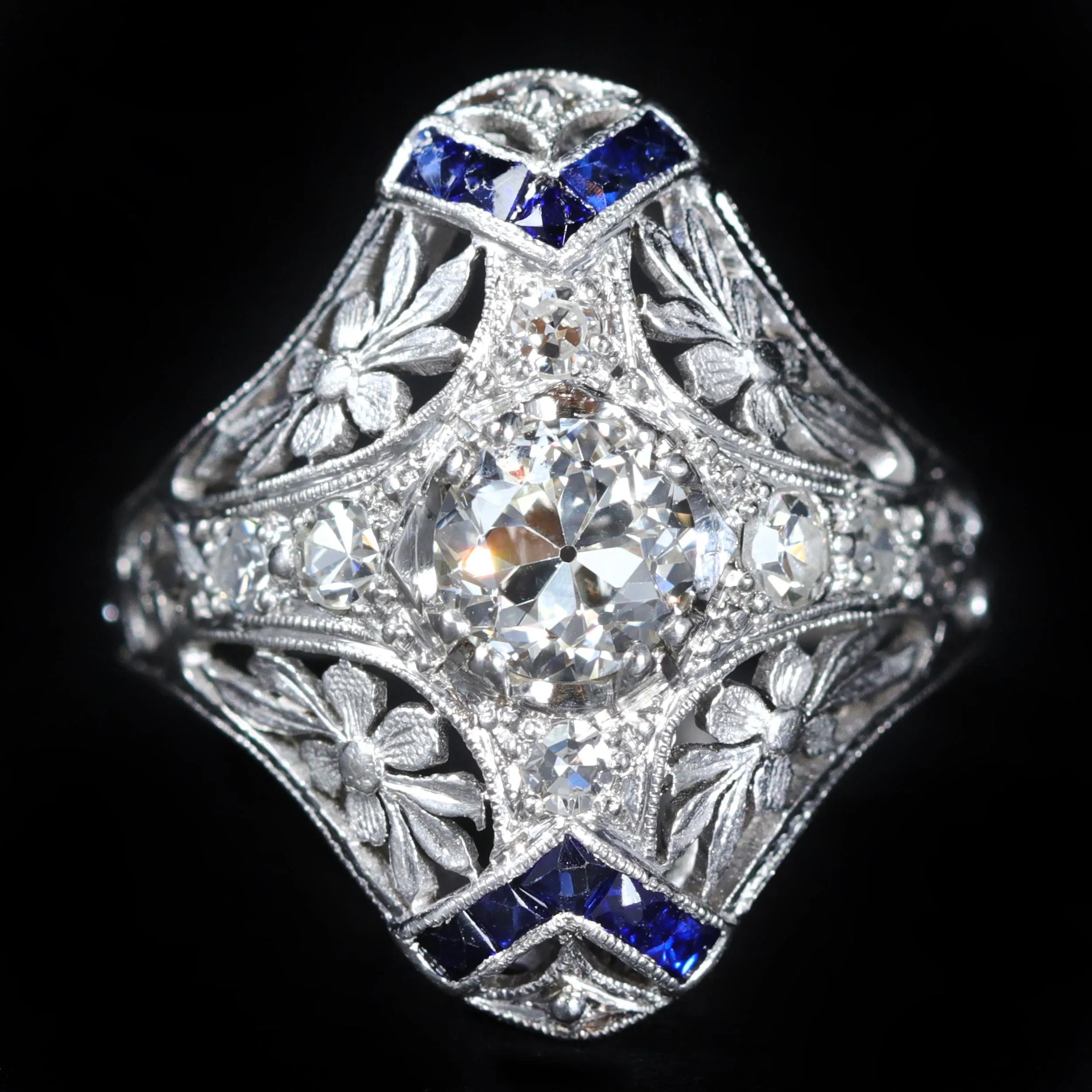 Art Deco GIA 0.73 Carat Old European Cut Diamond and Sapphire Ring