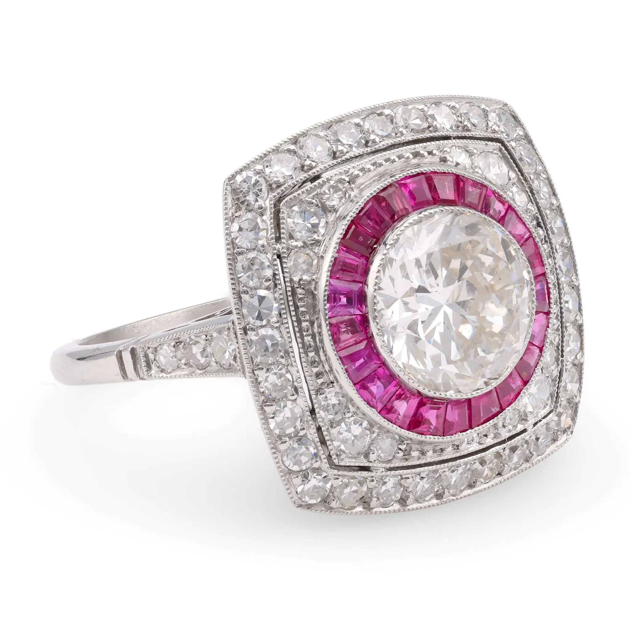 Art Deco Inspired 1.94 Carat Diamond Ruby Platinum Halo Ring