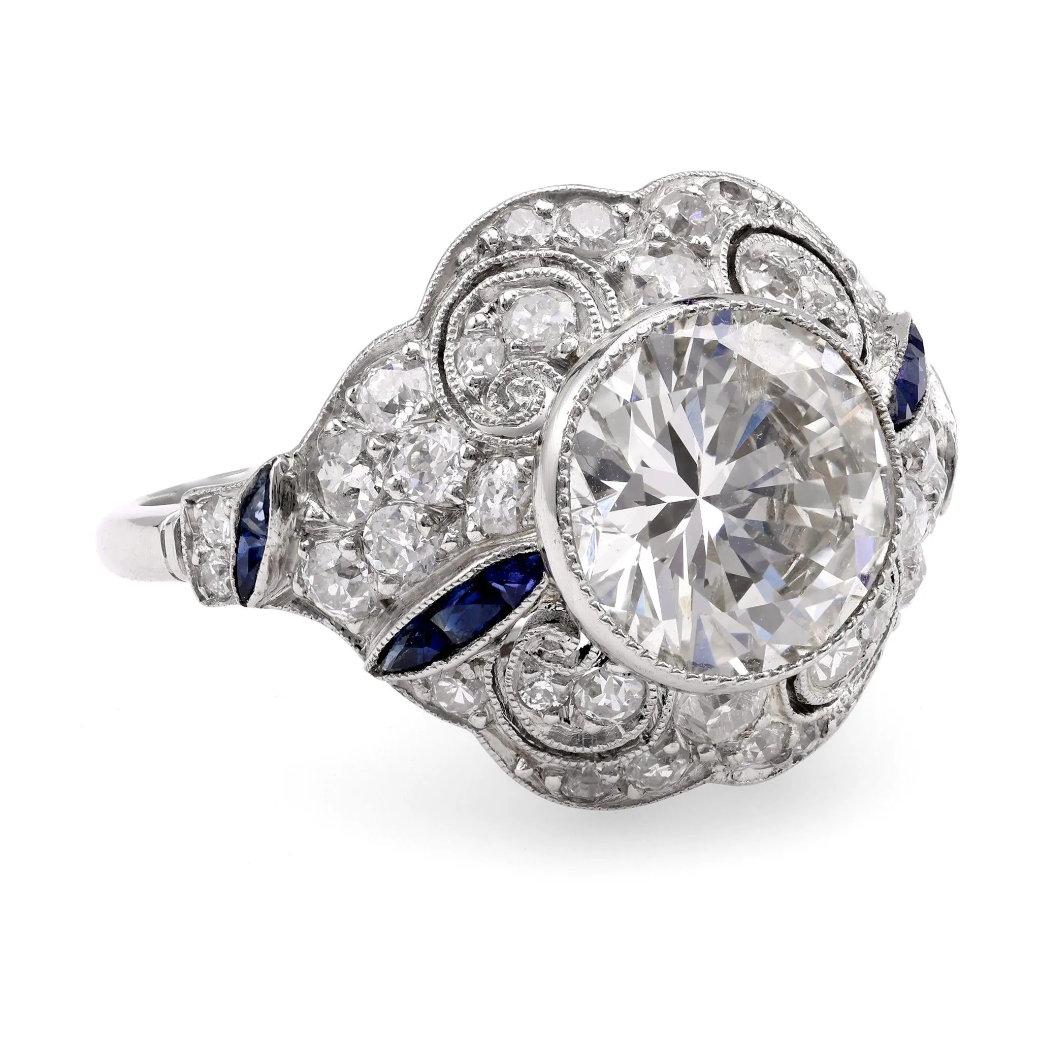 Art Deco Inspired 2.29 Carat Diamond Sapphire Platinum Ring