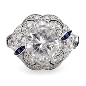 Art Deco Inspired 2.29 Carat Diamond Sapphire Platinum Ring