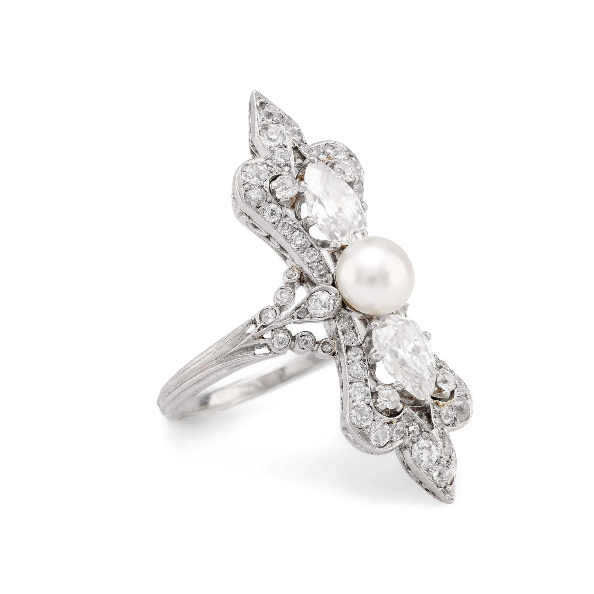 Art Deco natural pearl diamond platinum cocktail ring