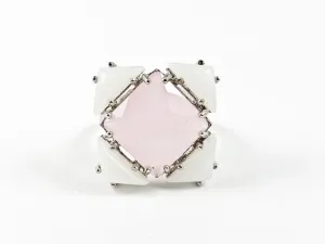 Beautiful Square Shape Form Center Pink Quartz CZ With White CZ Frame Brass Ring