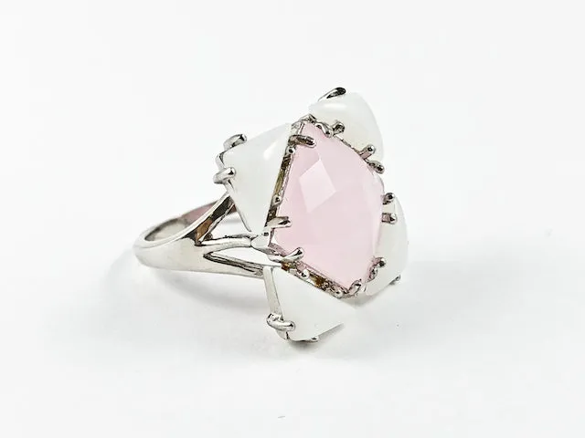 Beautiful Square Shape Form Center Pink Quartz CZ With White CZ Frame Brass Ring