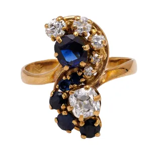 Belle Époque French Diamond and Sapphire 18k Yellow Gold Toi et Moi Ring