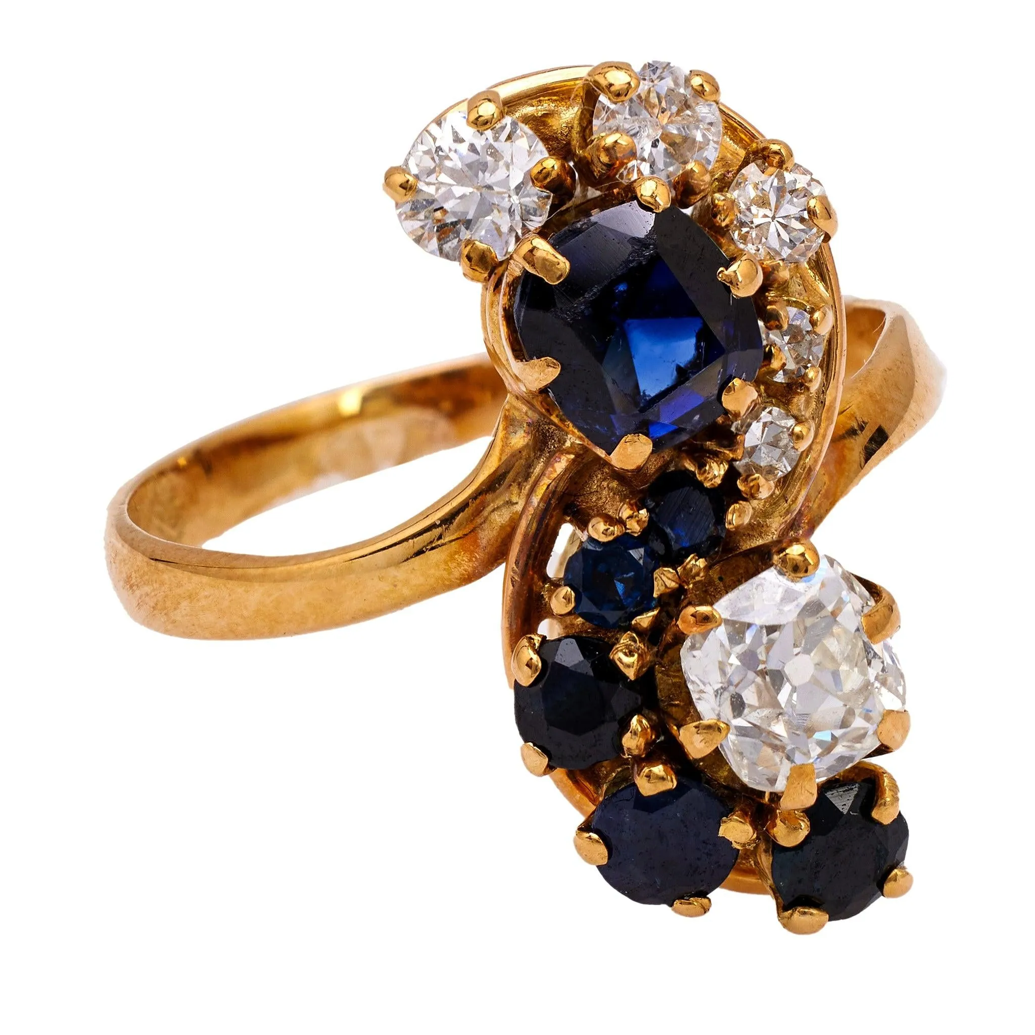 Belle Époque French Diamond and Sapphire 18k Yellow Gold Toi et Moi Ring