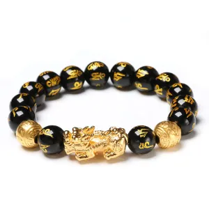 Black Obsidian Wealth Bracelet Adjustable Releases Negative Energies Bracelet with Golden Pi Xiu Lucky Wealthy Amulet Bracelet