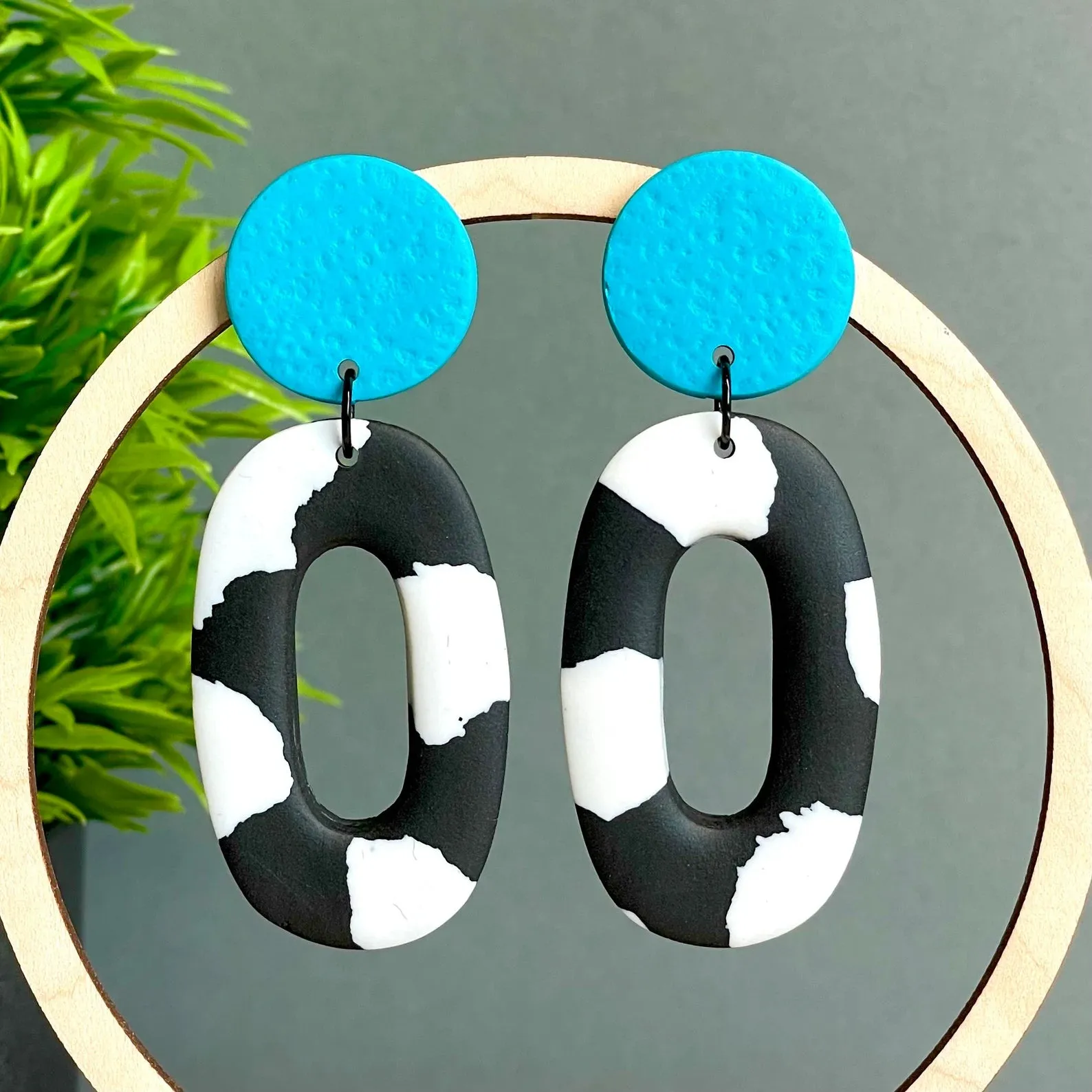 Black with White Terrazzo Oval Dangle Earrings