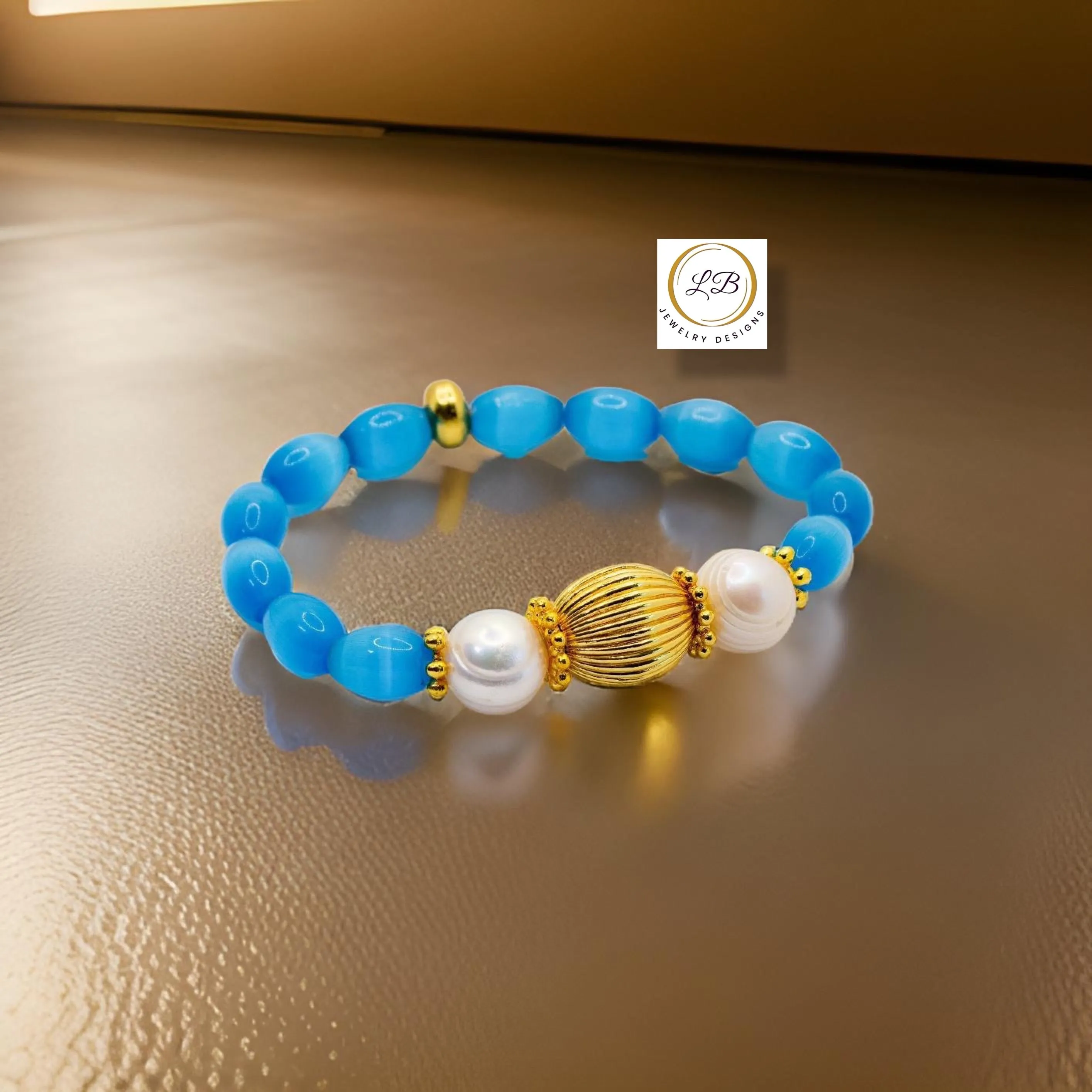 Blue Mexican Fire Opal Gemstone Beaded Bracelet, 18k Gold-Filled Center Bead and Baroque Pearls