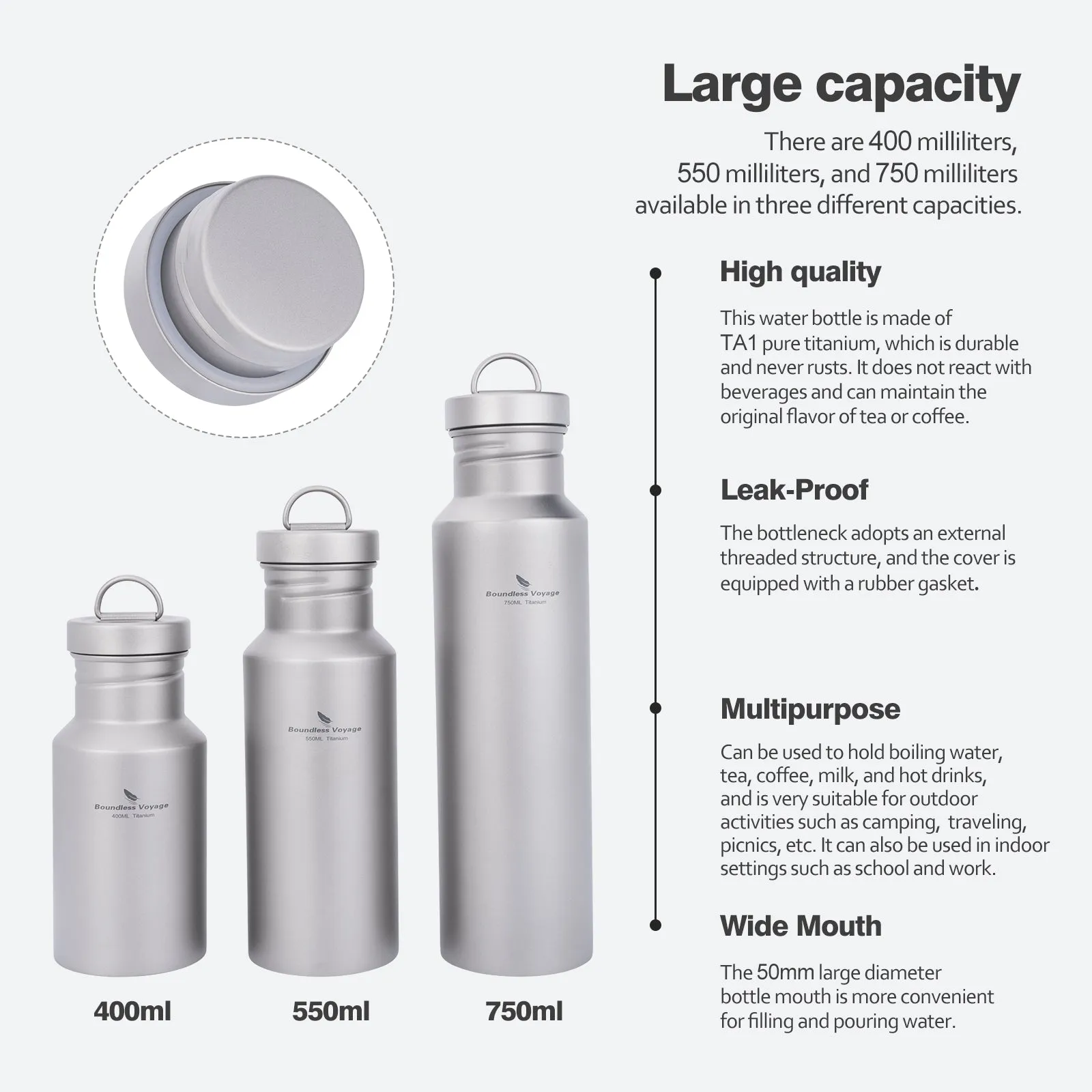 Boundless Voyage Titanium Water Bottle 550ml with Lid Wide Mouth Leak-Proof Reusable Sport Drinking Bottle for Camping Hiking Tea Coffee