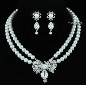 Bridal Flower White Faux Pearl Crystal Necklace Earrings Set XS1200