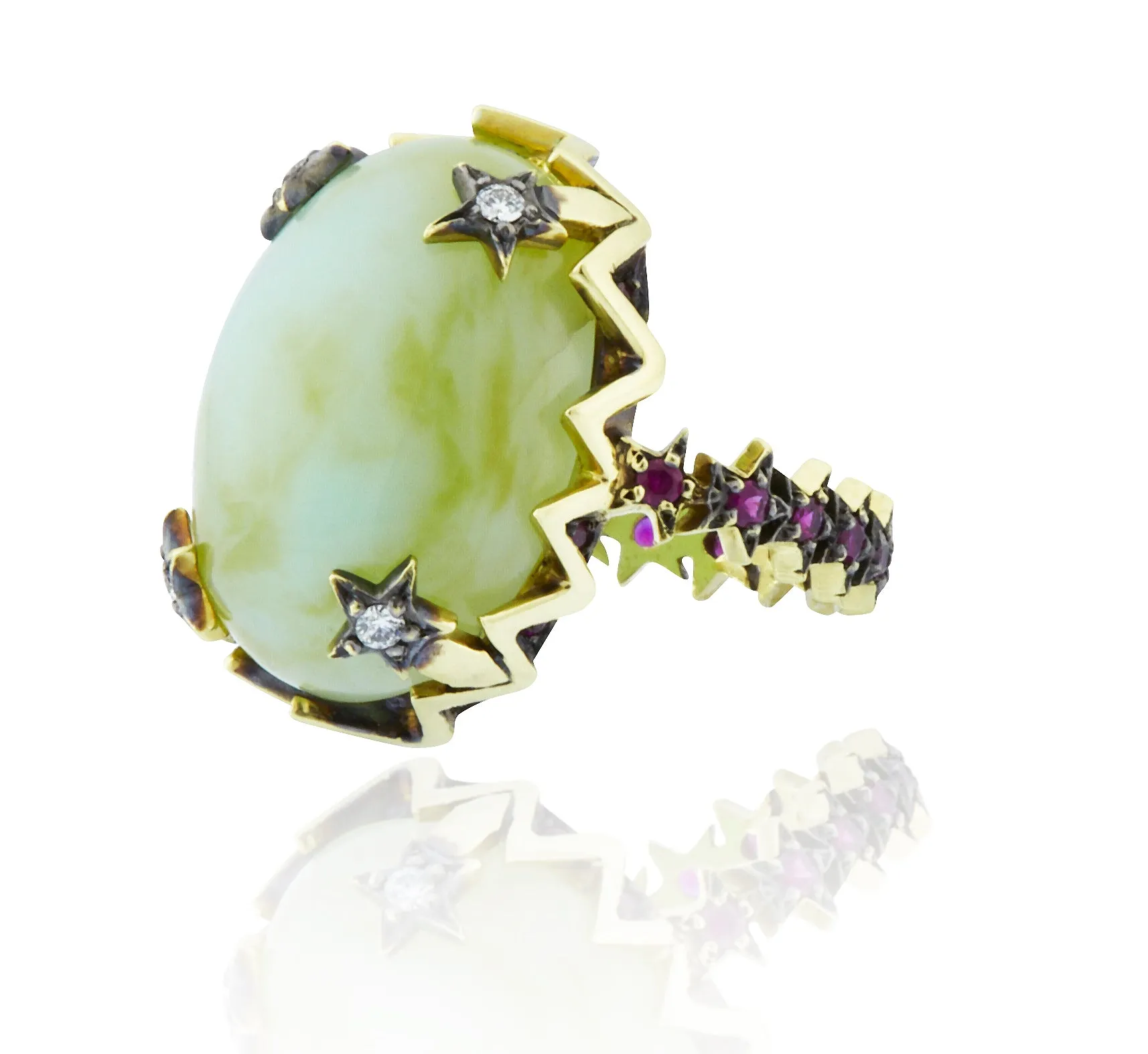 Cabochon Peruvian Opal and Ruby Cocktail Ring