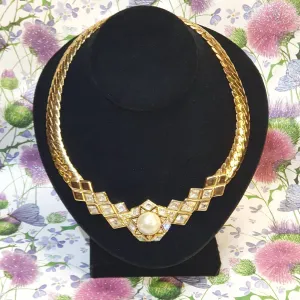 Christian Dior Necklace Gold Chain Pearl Crystal Vintage