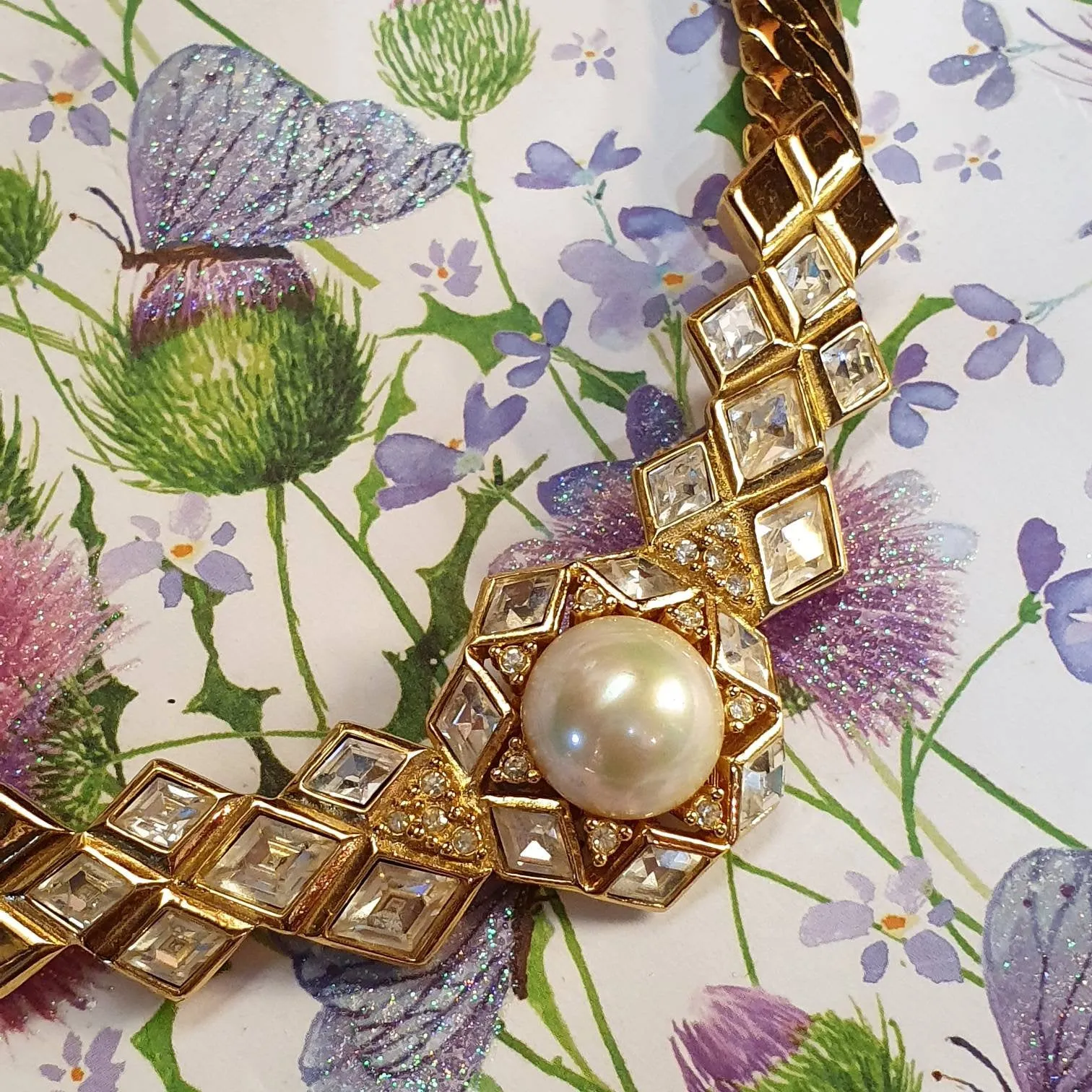 Christian Dior Necklace Gold Chain Pearl Crystal Vintage