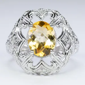 CITRINE STERLING SILVER RING VINTAGE STYLE OVAL SHAPE GEMSTONE FILIGREE COCKTAIL