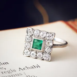 Classic Vintage Emerald & Diamond Cluster Ring