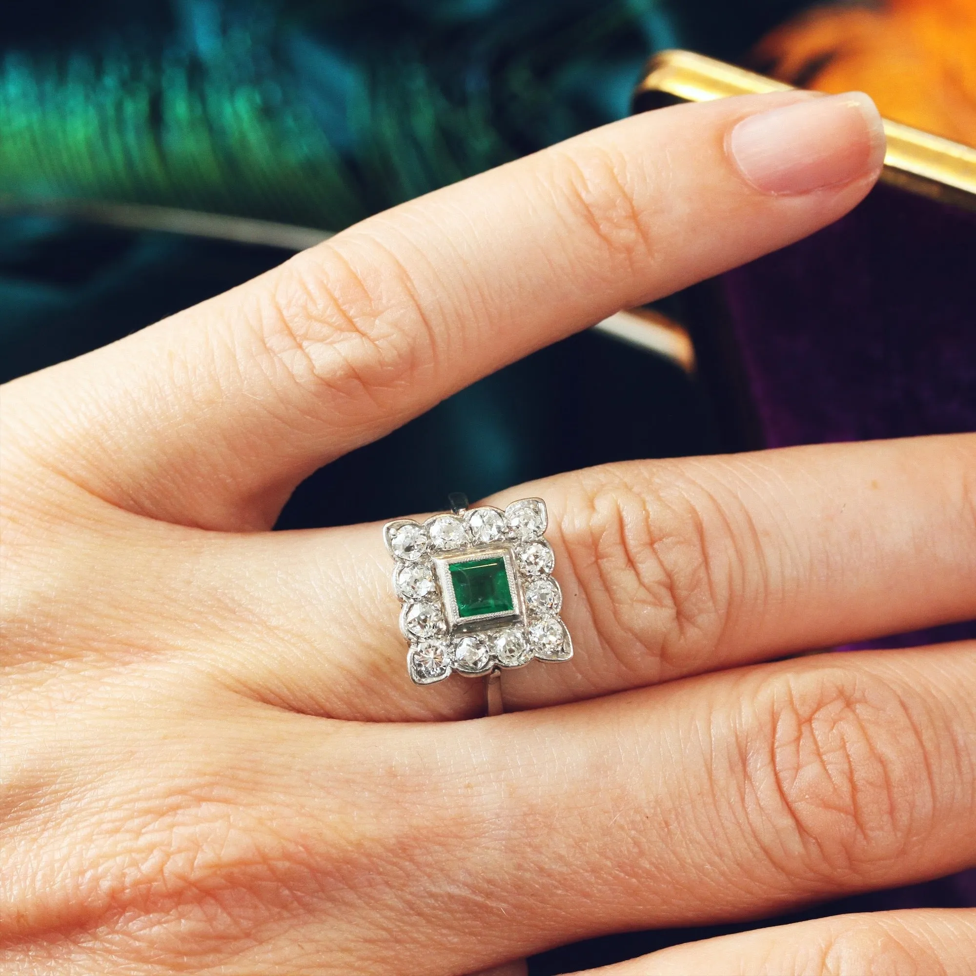 Classic Vintage Emerald & Diamond Cluster Ring