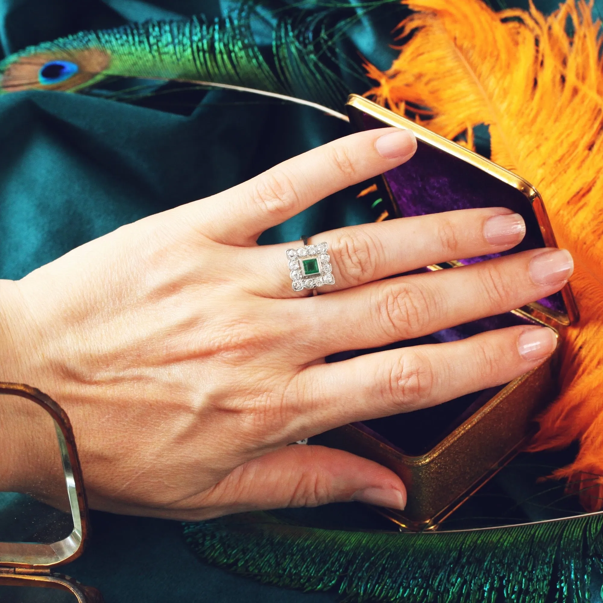 Classic Vintage Emerald & Diamond Cluster Ring