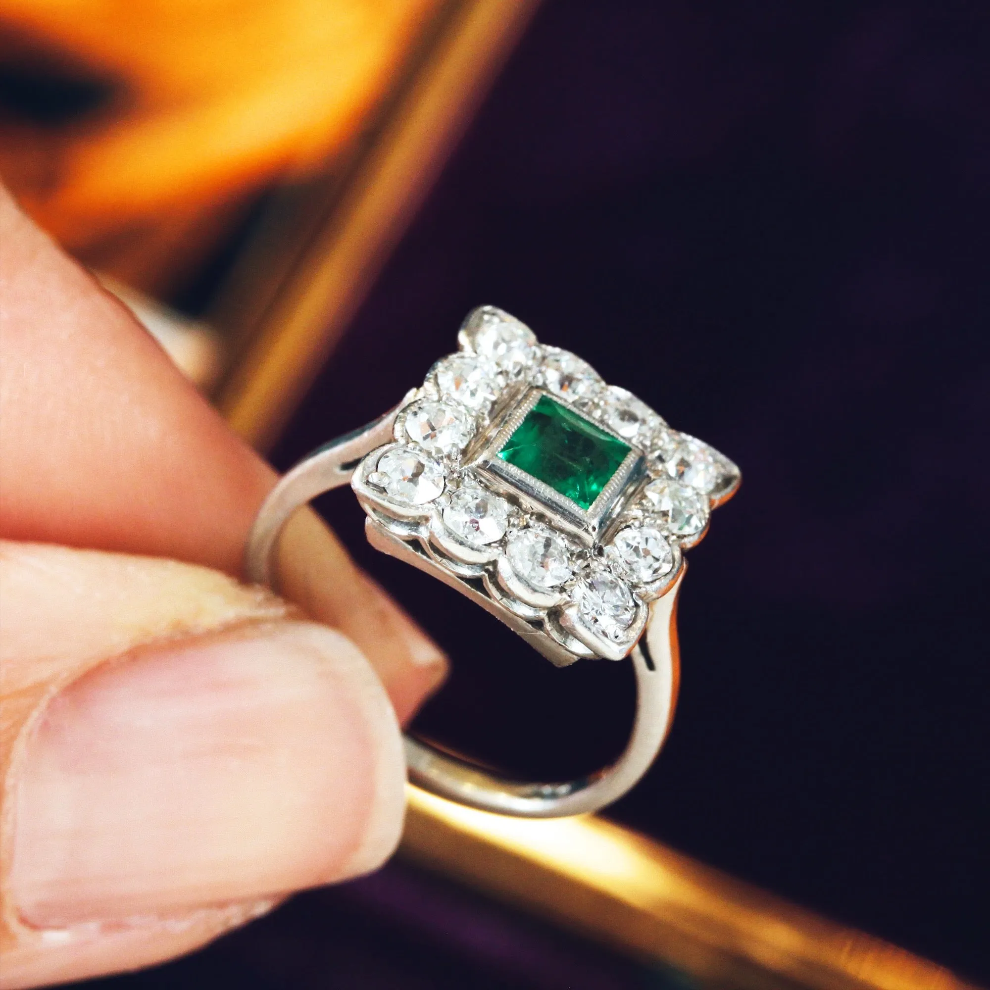 Classic Vintage Emerald & Diamond Cluster Ring