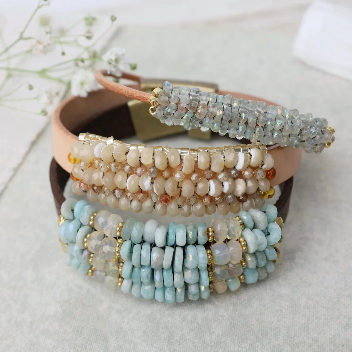 Coated Amazonite, Opal, Vermeil Spacers Leather Bracelet