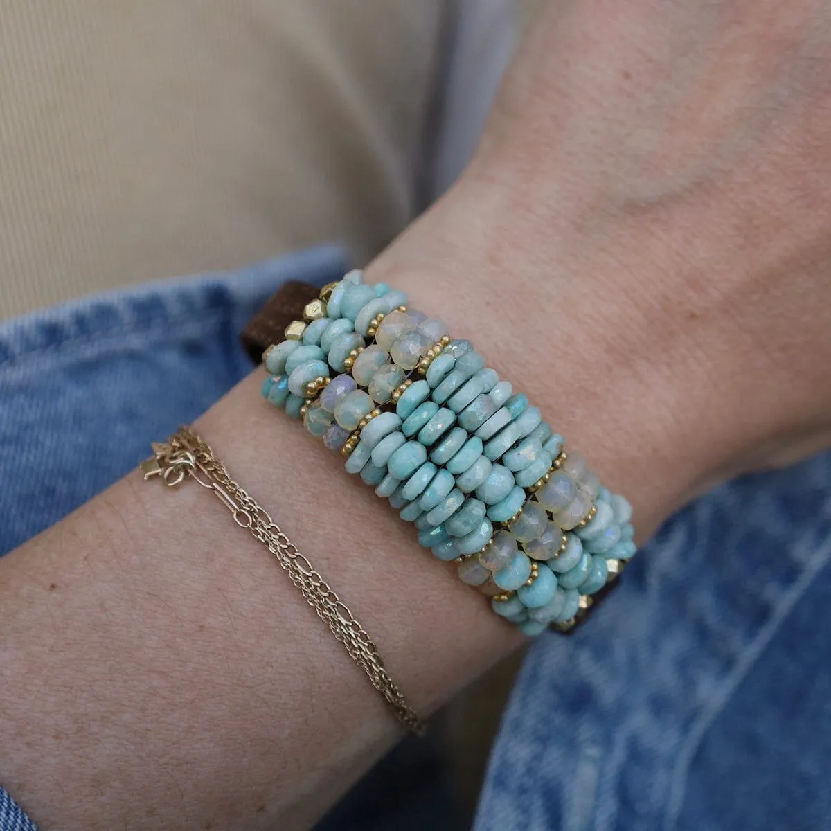 Coated Amazonite, Opal, Vermeil Spacers Leather Bracelet