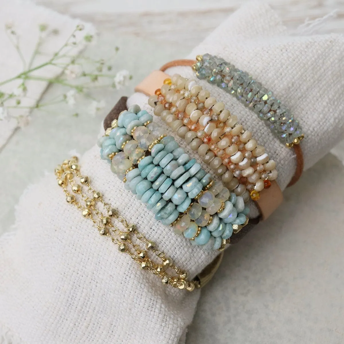 Coated Amazonite, Opal, Vermeil Spacers Leather Bracelet