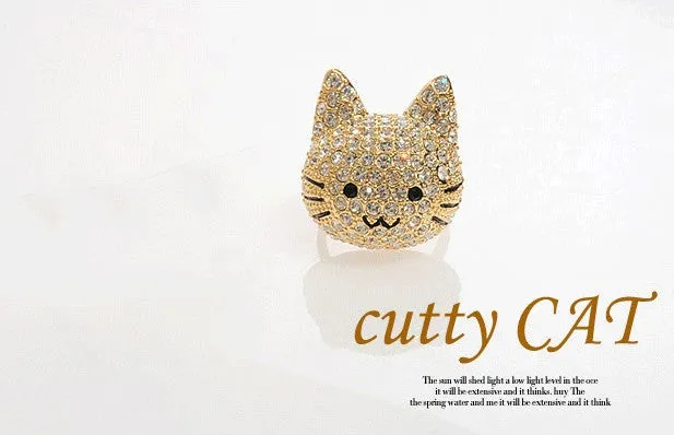 Crystal Gold Tone Cocktail Cat Ring