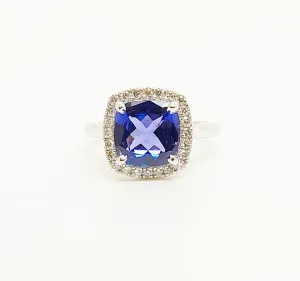 Cushion-Cut Tanzanite Diamond Halo Cocktail Ring In 14k White Gold