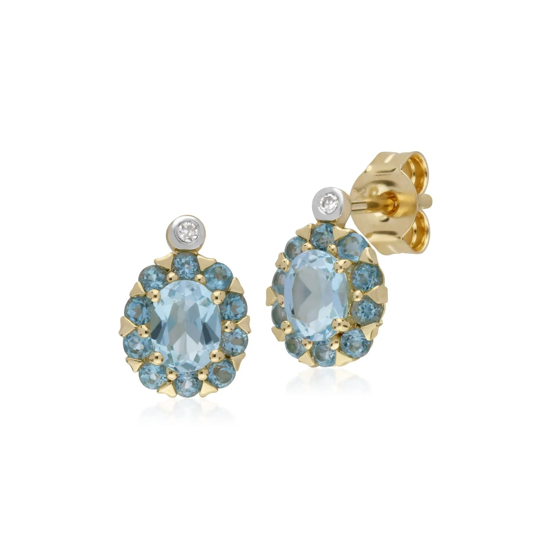 Damen 9 Karat Gelbgold Blue Topas & Diamant Oval Cluster Ohrstecker