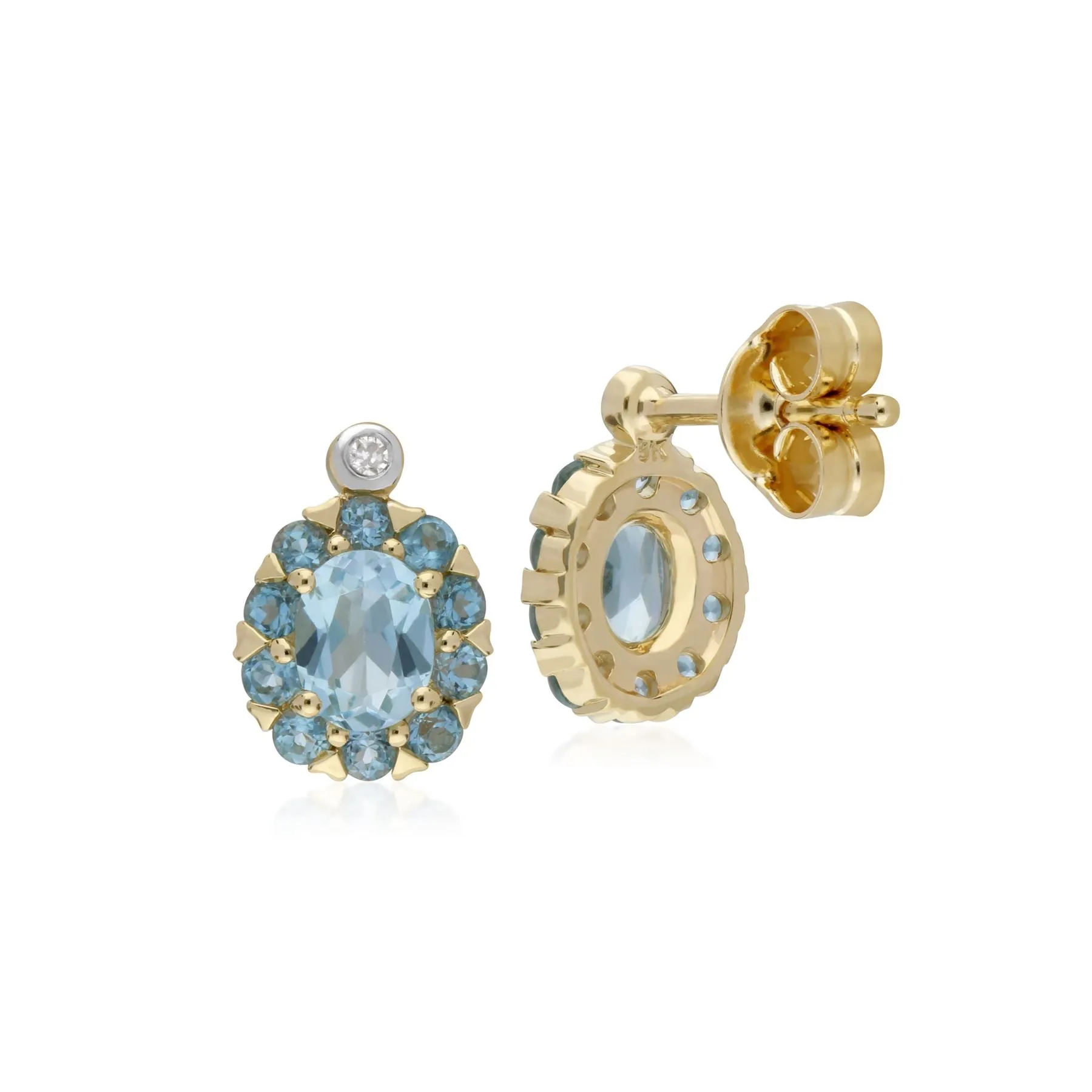 Damen 9 Karat Gelbgold Blue Topas & Diamant Oval Cluster Ohrstecker