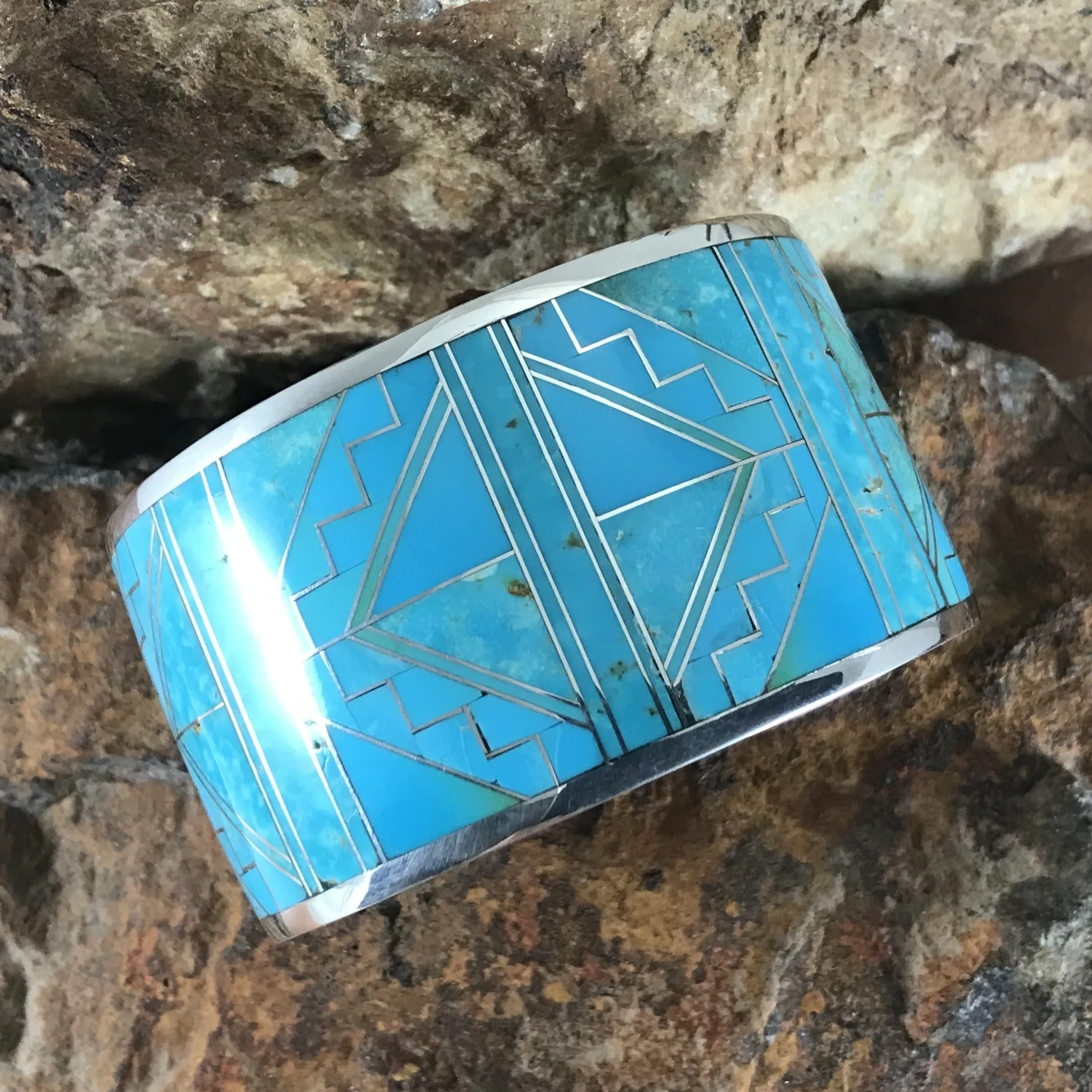 David Rosales Arizona Blue Fancy Inlaid Sterling Silver Bracelet