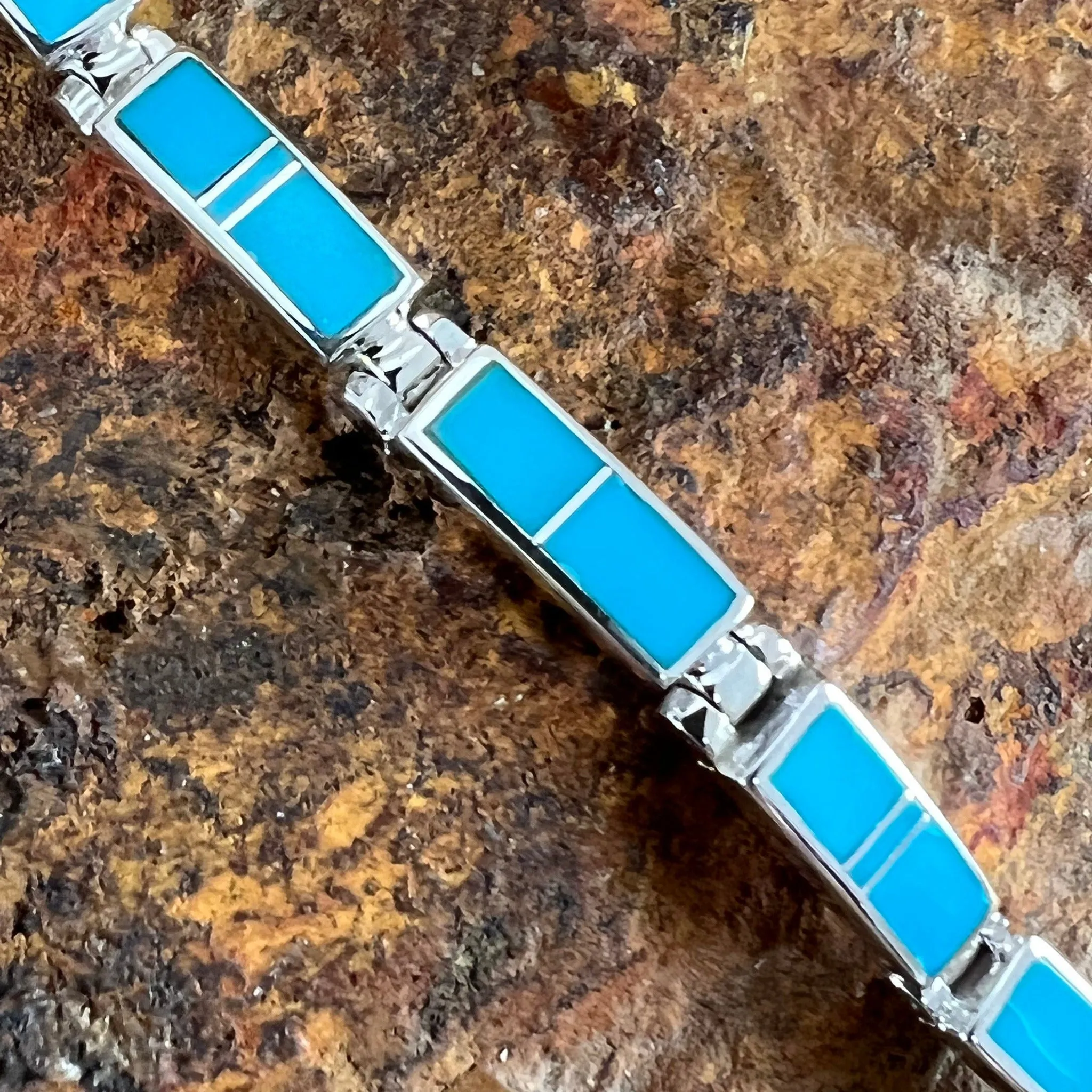 David Rosales Arizona Blue Inlaid Sterling Silver Link Bracelet