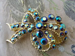 DAZZLING Vintage Brooch Large BOW Statement Pin Vintage Costume Rhinestone Jewelry