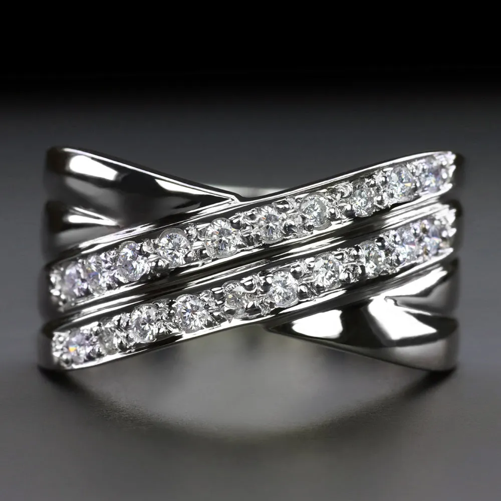 DIAMOND COCKTAIL RING CRISS CROSS WIDE BAND NATURAL BIG 14k WHITE GOLD GIFT