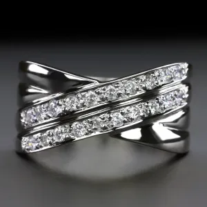 DIAMOND COCKTAIL RING CRISS CROSS WIDE BAND NATURAL BIG 14k WHITE GOLD GIFT