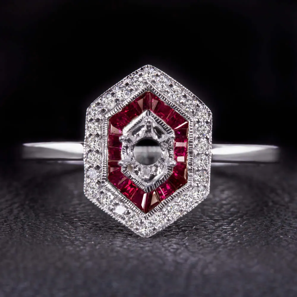 DIAMOND RUBY ENGAGEMENT RING SETTING ART DECO SEMI MOUNT VINTAGE STYLE CALIBRE