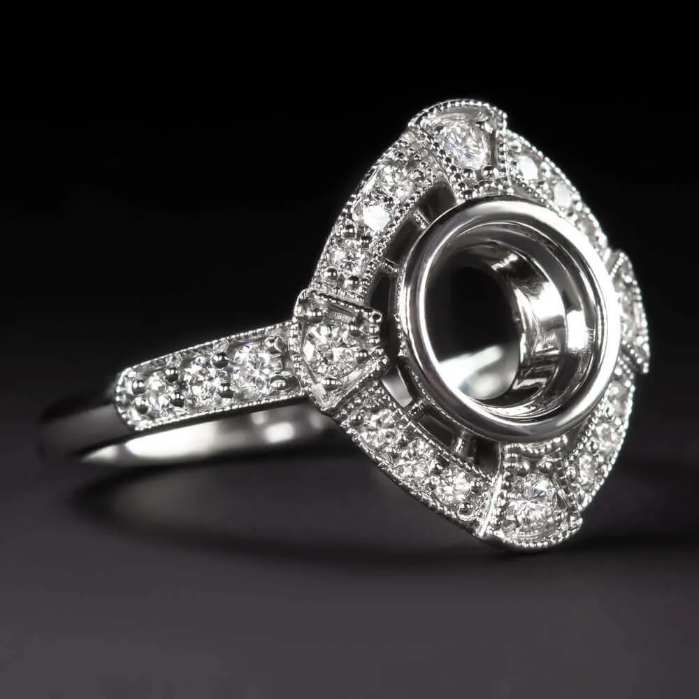 DIAMOND WHITE GOLD RING SETTING 7m ROUND CUT VINTAGE STYLE ENGAGEMENT MOUNT DECO