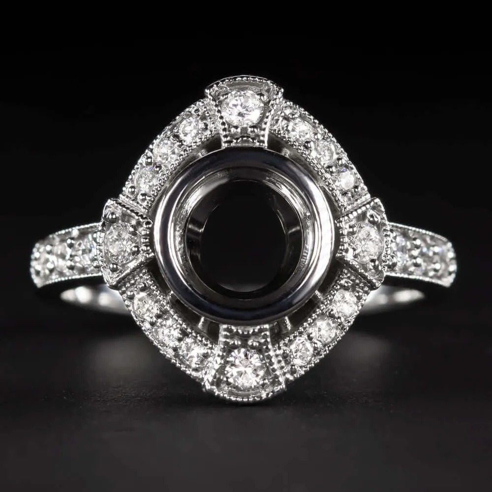 DIAMOND WHITE GOLD RING SETTING 7m ROUND CUT VINTAGE STYLE ENGAGEMENT MOUNT DECO