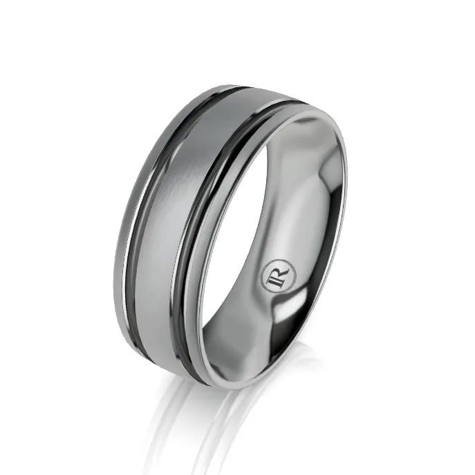 Dual Grooved Black and Grey Zirconium Wedding Ring